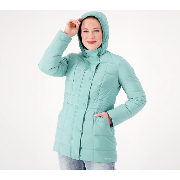Lands End Petite Comfort Stretch Mixed Quilted Down Coat Size XS Teal Shadow NEW - Picture 1 of 8